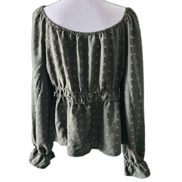 Rooscier Green Swiss Dots Puff Long Sleeve Scoop Neck Ruffle Hem Blouse Sz XL - Picture 5 of 8